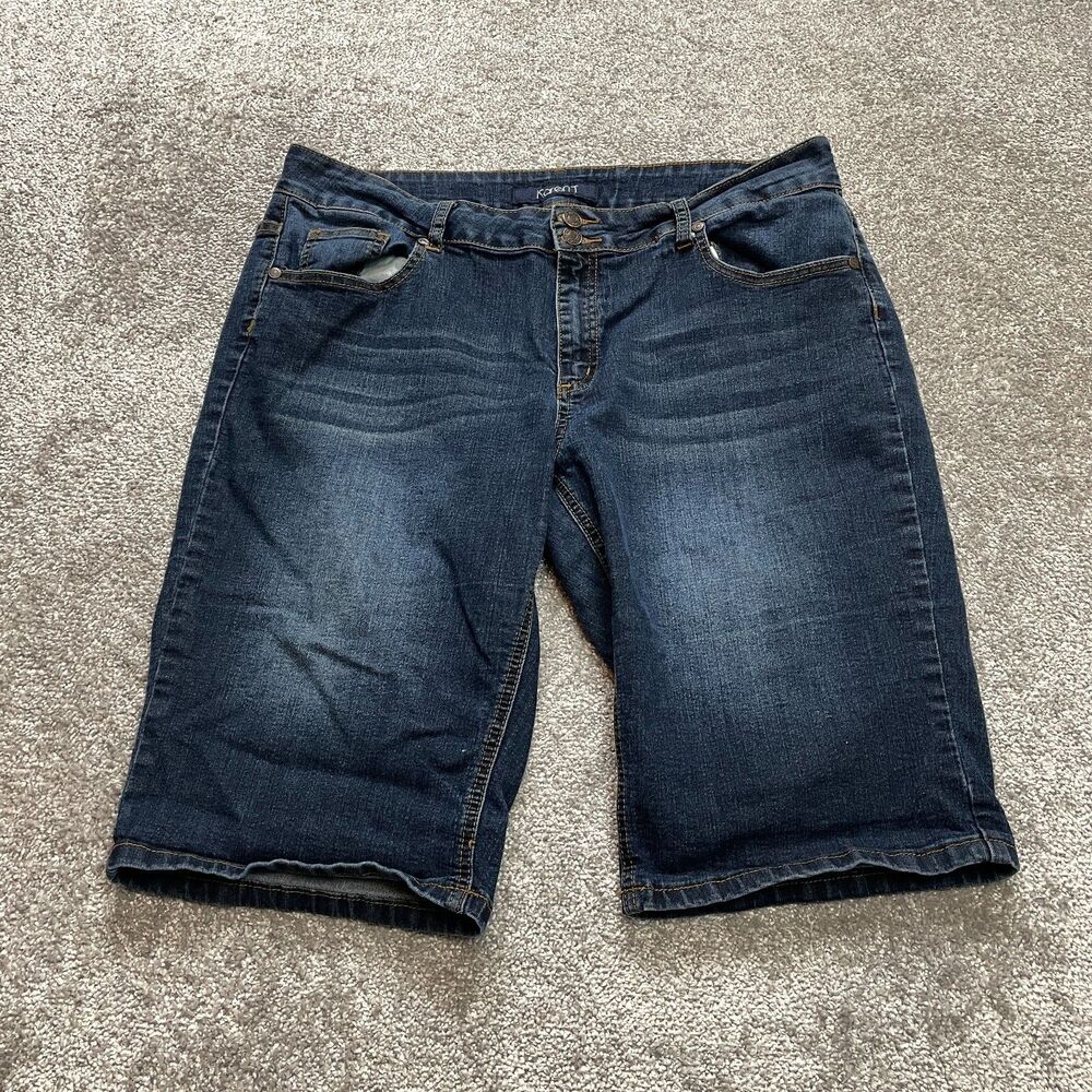 Karen T Jean Shorts Womens 18 Blue Denim Stretch Casual Pockets Dark Wash 13"